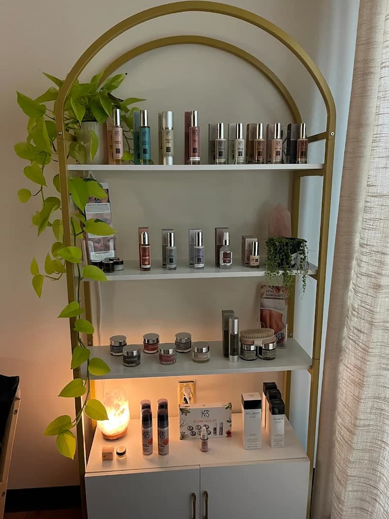 A curated shelf of skincare products at Skin + Soul